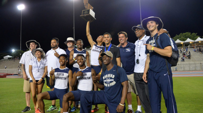 Vista Murrieta coach Coley Candaele and Michael Norman with their Team after winning State